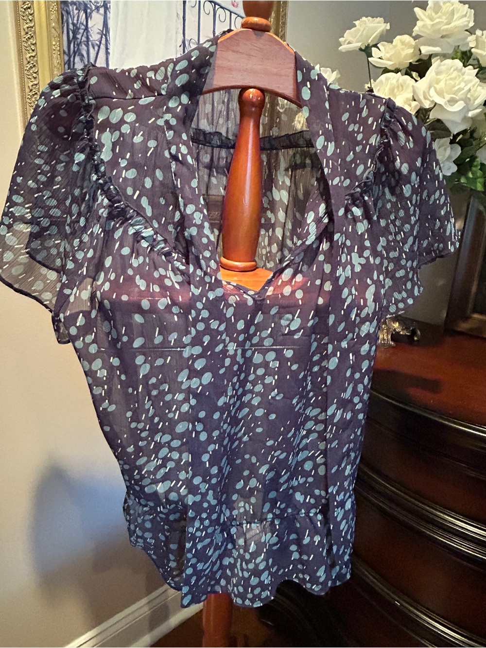 Quintessential Navy Sheer Dot Print Ruffle Collar Blouse - Women Sz XL